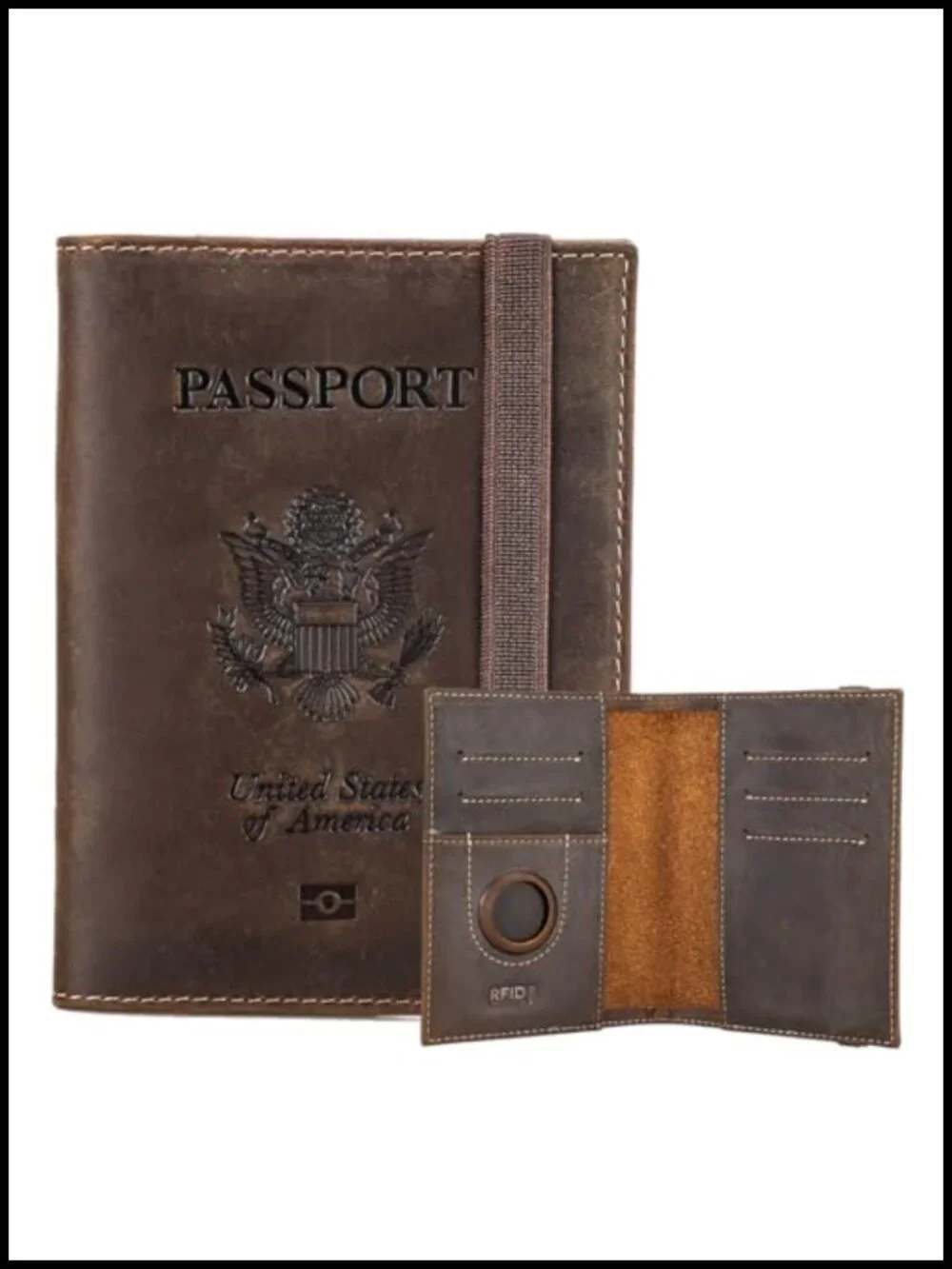 Full Grain Leather Passport Holder RFID Blocking Airtag Compatible Travel Wallet